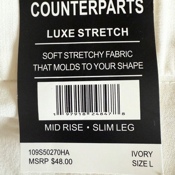NWT Counterparts Women's Luxe Stretch Pull-on Mid Rise Slim Leg Ivory Pants Sz L - Picture 5 of 11